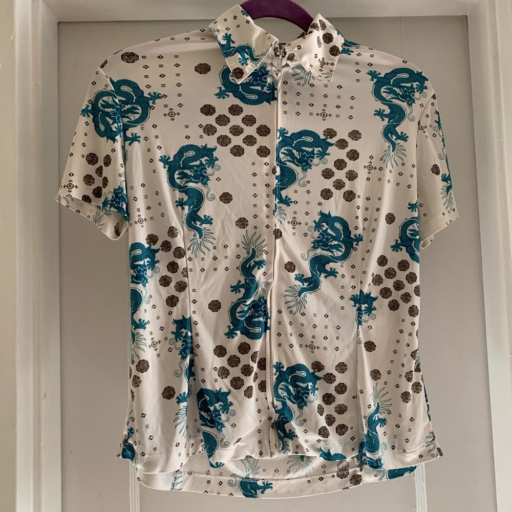 zipper up blue dragon silky top